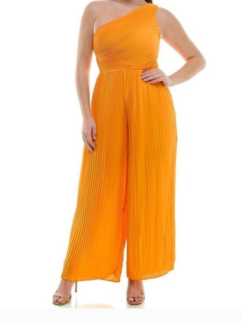 Nicole Miller One-Shoulder Pleated Wide-Leg Jumpsuit - Orange